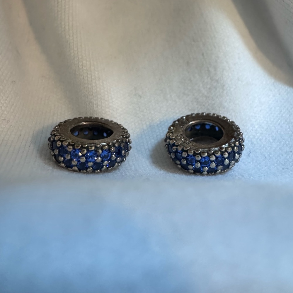 Authentic Pandora Sparkle Spacer Charm Pair in Sterling Silver w/ Crystal Blue